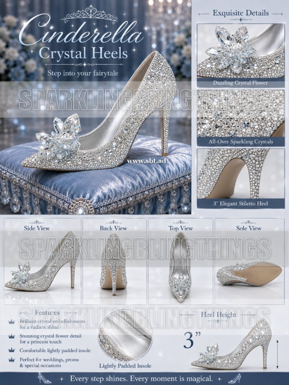 NWT Cinderella Shoes Sparkling Bling Crystal Rhinestones High Heel Pumps +Gift - Picture 7 of 7